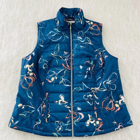 CJ Banks Womens Blue Botanical Floral Print Quilted Full Zip Puffer Vest Size 1X - Picture 1 of 7